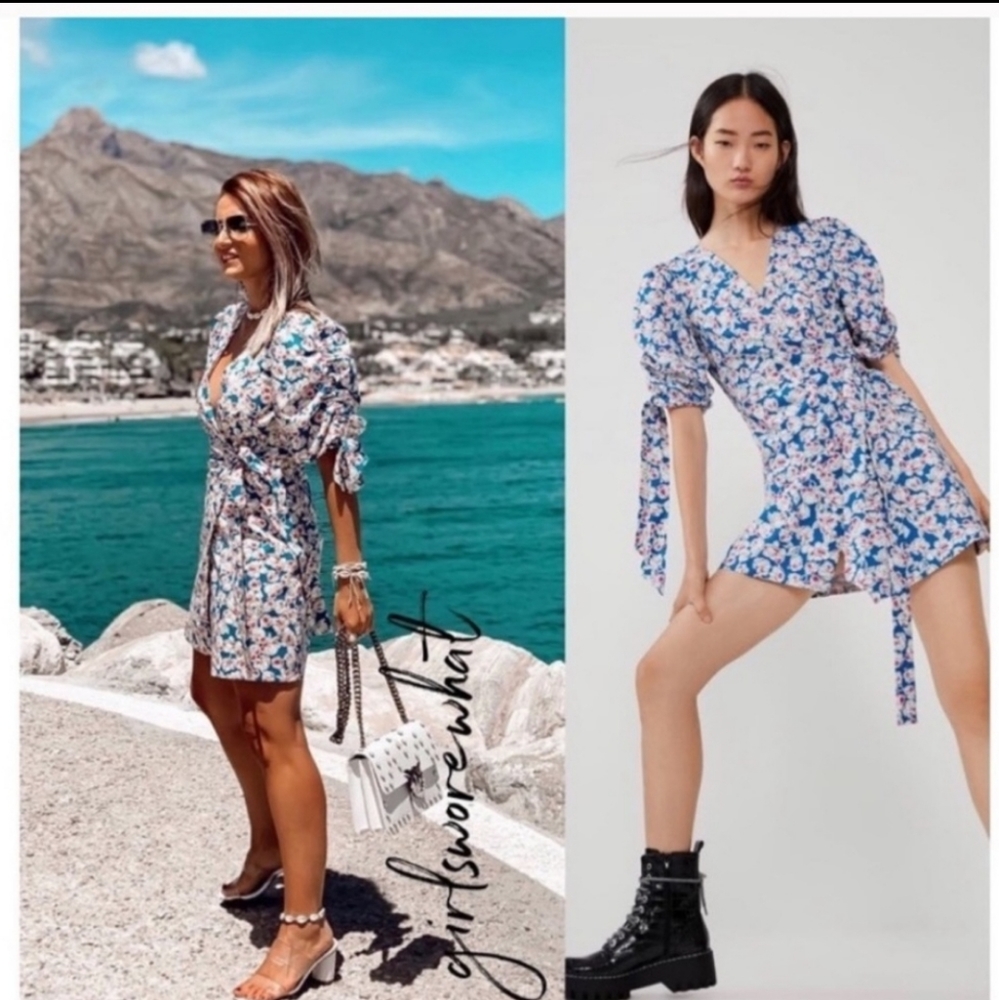 Zara Floral Puff Sleeve Wrap Dress Blue Size XS